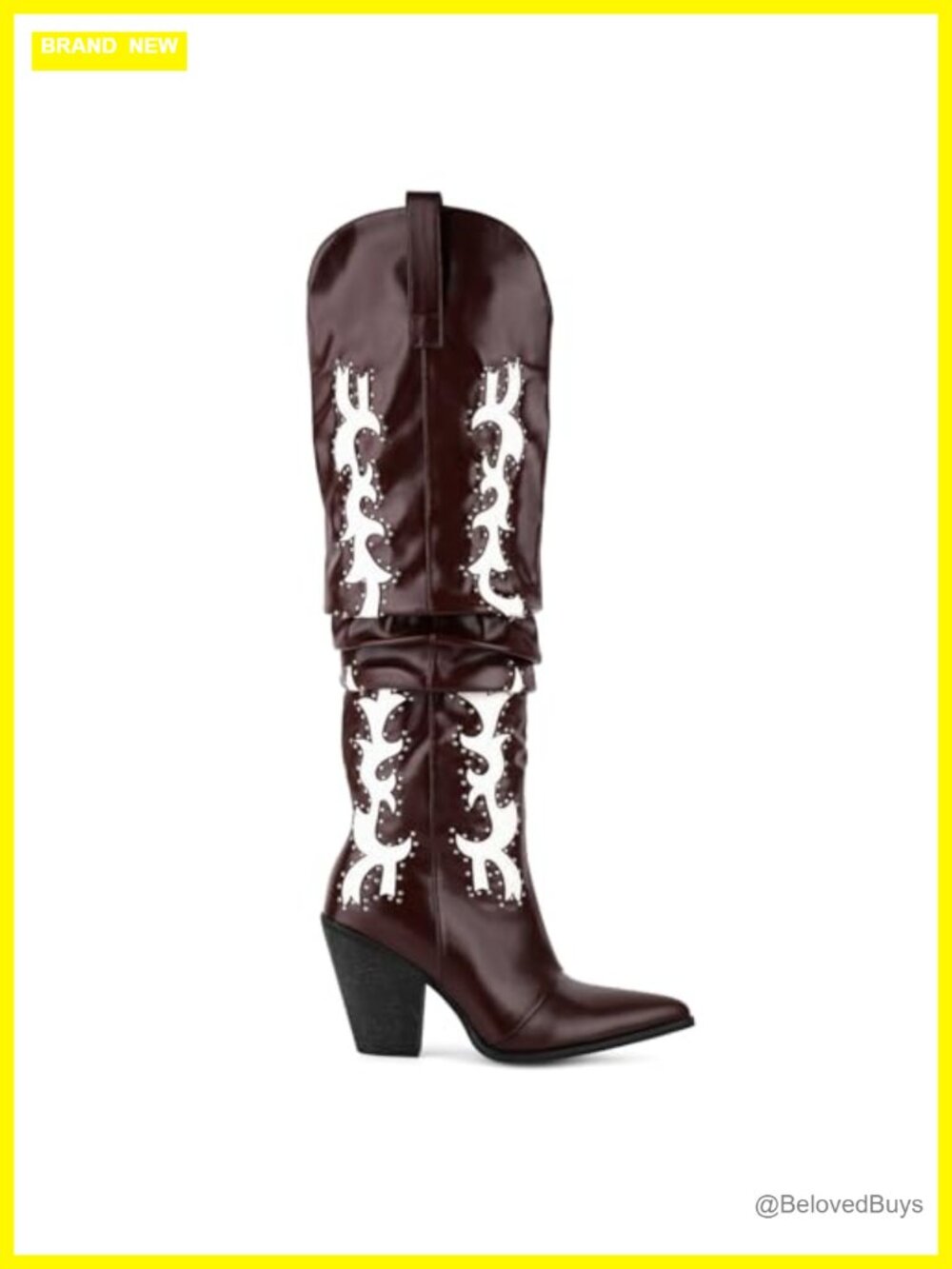 Over the Knee Cowboy Boots Studded Slouch Wide Calf Chunky Heel